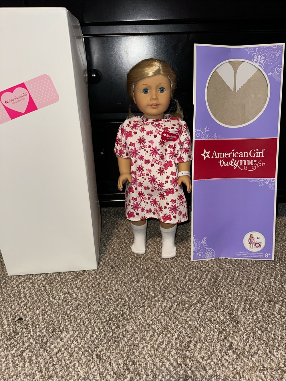American Girl Doll in Pink Floral Tunic with White Socks